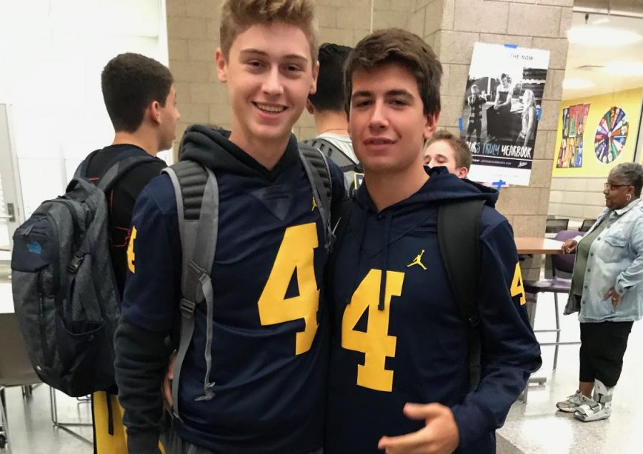 Juniors Dominick Cowdrey and Justin Satawa show off their matching University of Michigan football jerseys on Monsters University Day.