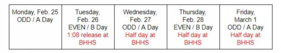 BHHS updated schedule for February 27th - March 1st