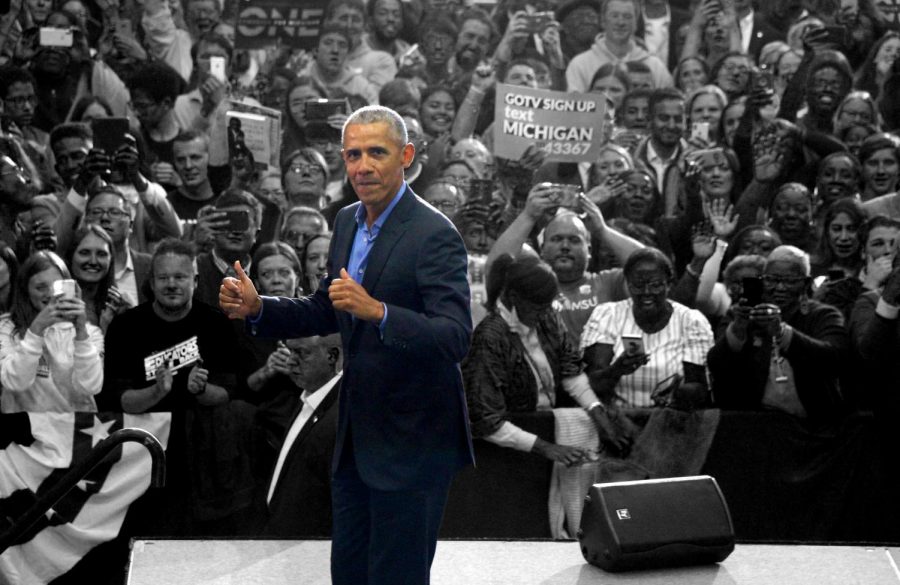 44th President of the United States Barack Obama gives a thumbs-up after his speech during the Michigan Get Out The Vote Rally by the Michigan Democratic Party on Friday, October 26, 2018 at Cass Tech High School in Detroit.