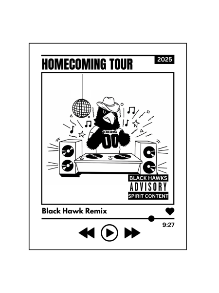 Benny the Black Hawk at the DJ booth. Designed by Jenna Lepley and Allison Stakoe 
