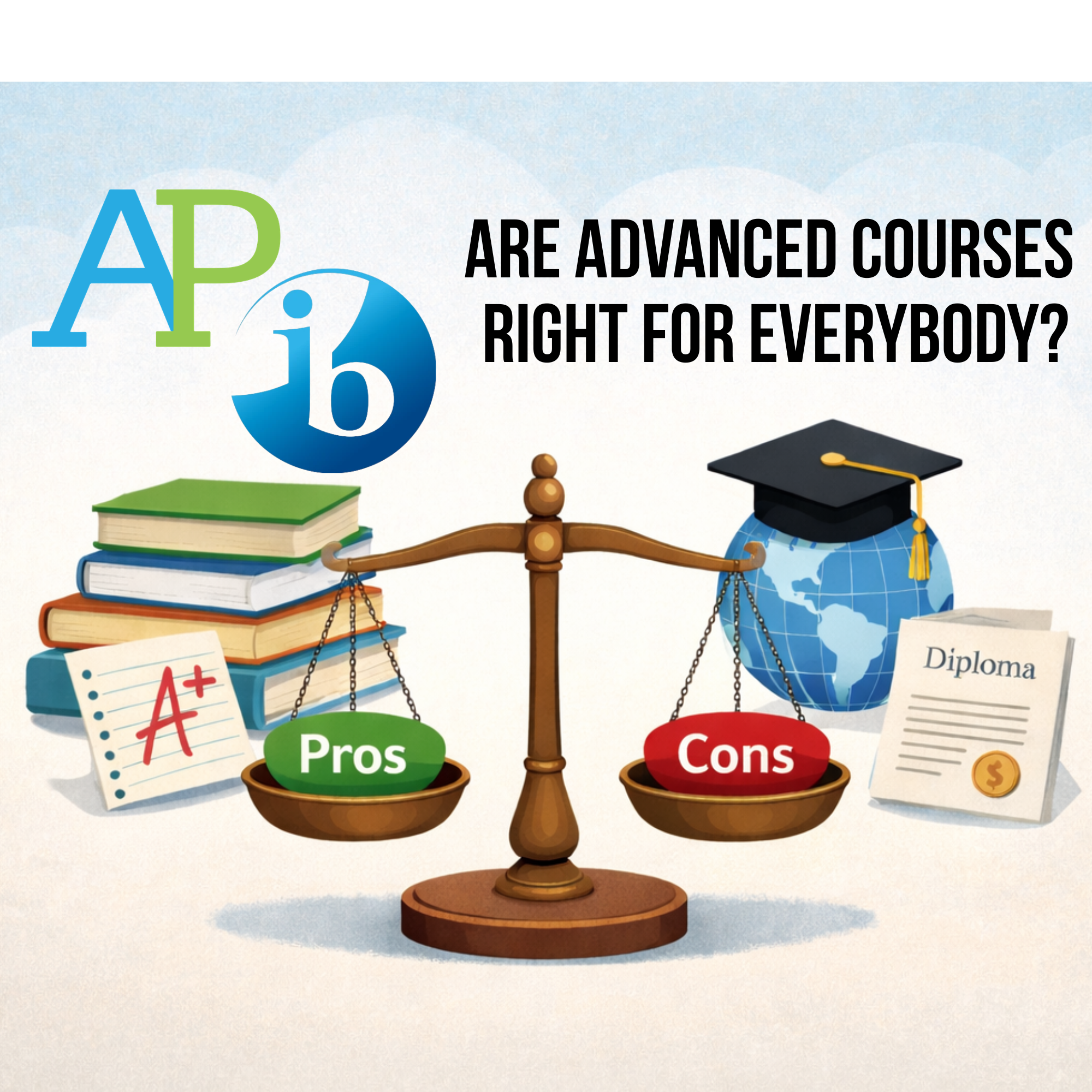 Weighing the benefits and drawbacks of pursuing advanced courses like AP and IB options. 
